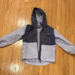 Eddie Bauer Kids' Two-Tone Hooded Rain Jacket in lavender and Light Gray